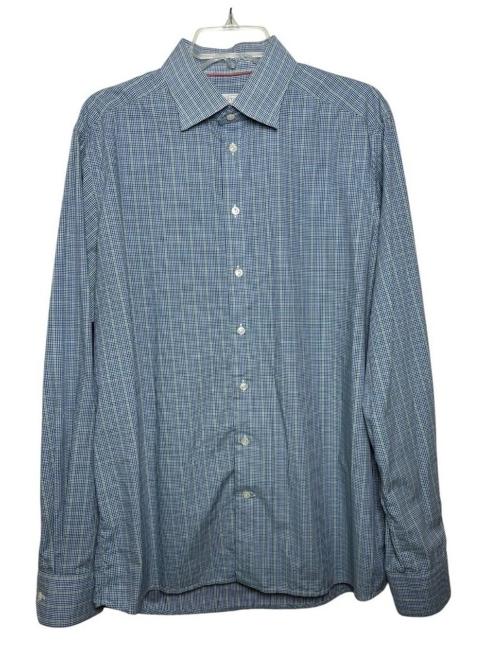 Eton Contemporary Fit Micro Check Button Dress Shirt Sz 44 Neck 17.5 Blue Green